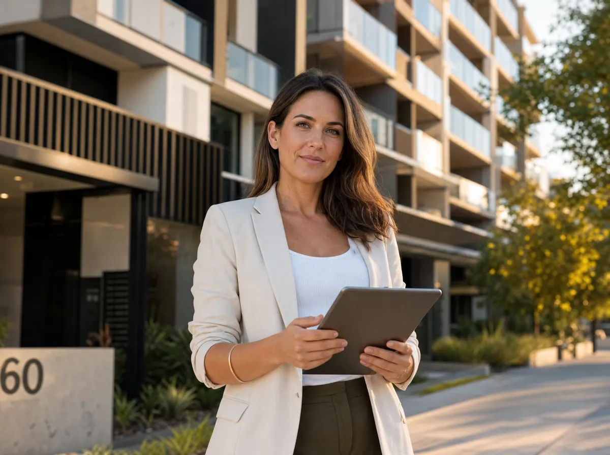 A confident Australian investor in front of a modern apartment building