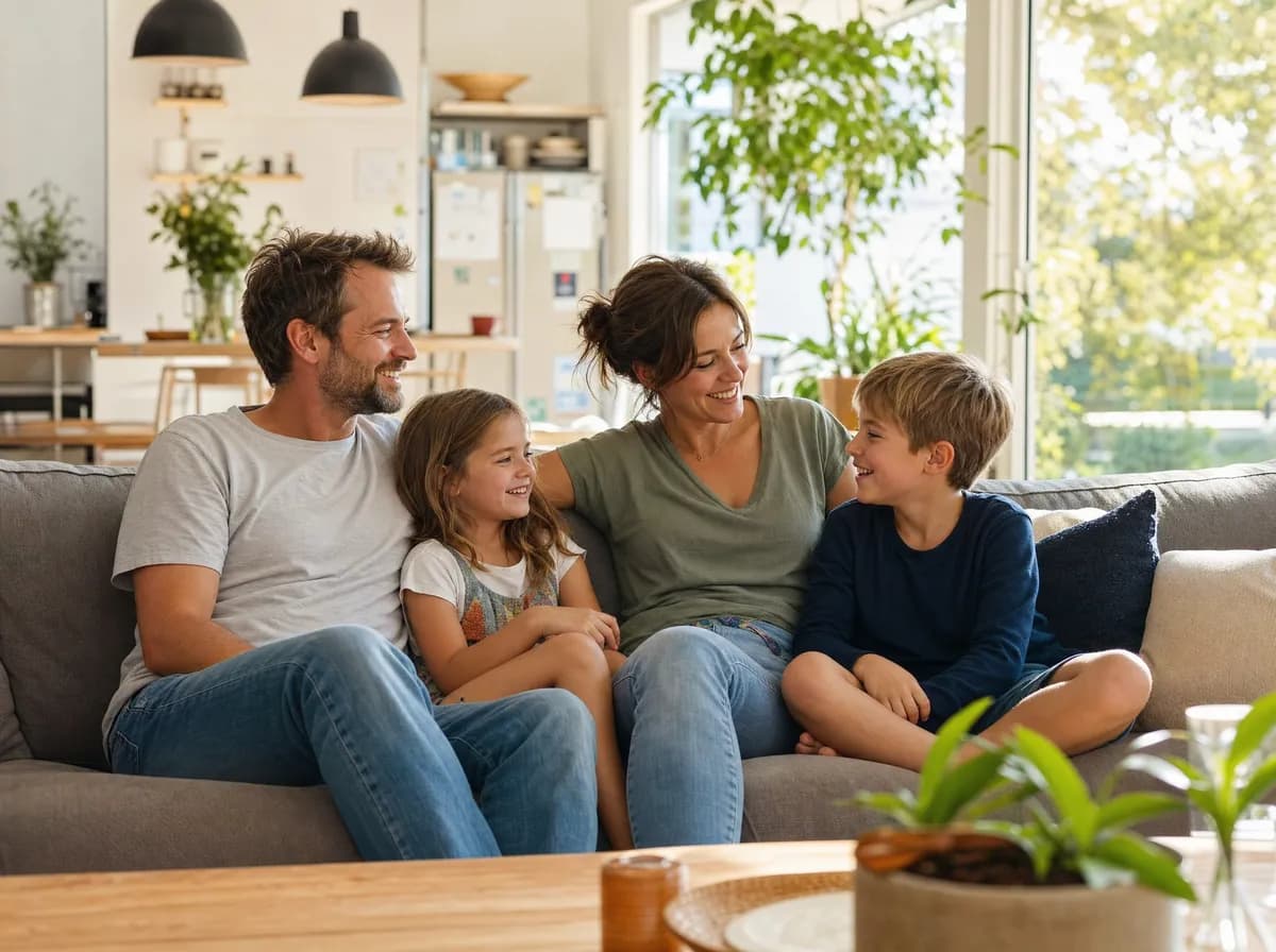An Australian family relaxed together in the living room of their own home